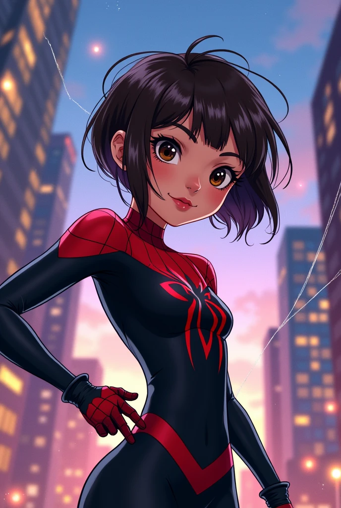 A 15 year old girl,very short hair, color cafe, Brown eyes, pale skin, with a black and red spiderman suit (cartoon style)