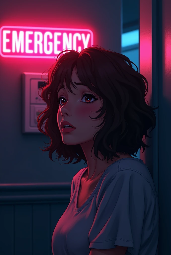 (have to pee, desperate, full bladder, stressed, blush, brow sweat), Brown hair . beautiful woman with curly hair, worried face, dark room neon cyberpunk at night coordinator neon glow,In the room the sign glows and shimmers in neon light"EMERGENCY"Anime style,Beautiful colors,Living picture,masterpiece,detailing