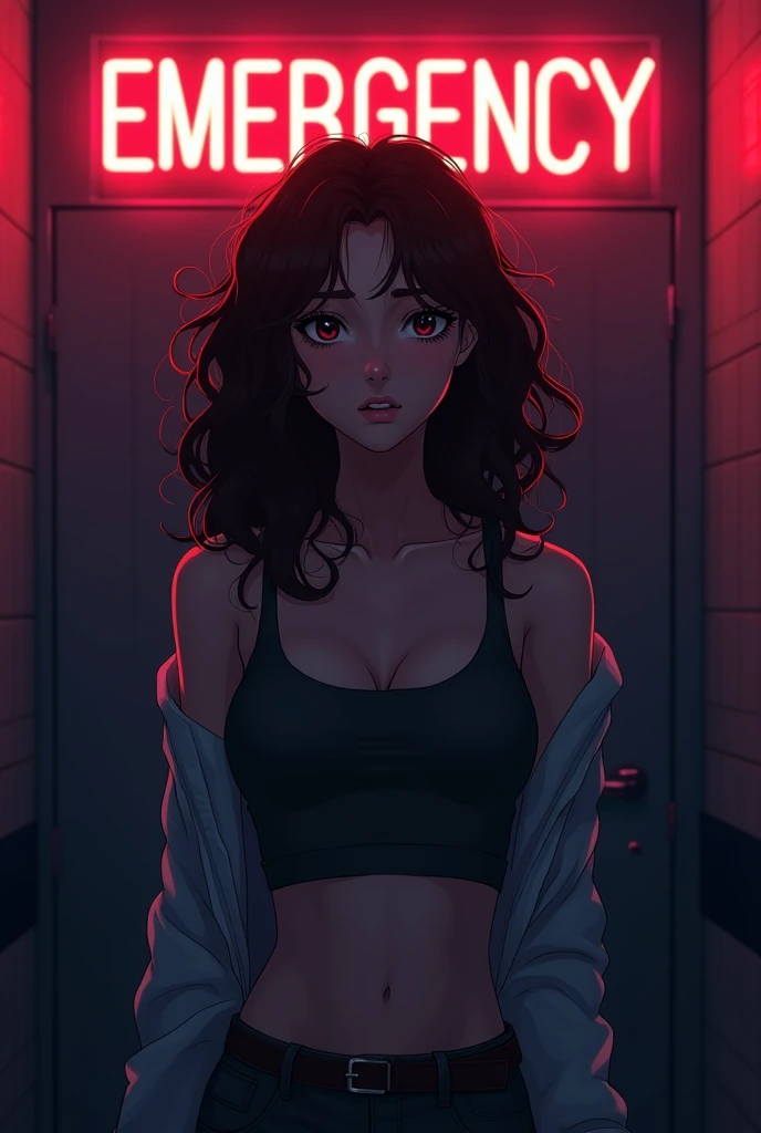 (have to pee, desperate, full bladder, stressed, blush, brow sweat), Brown hair . beautiful woman with curly hair, worried face, dark room neon cyberpunk at night coordinator neon glow,In the room the sign glows and shimmers in neon light"EMERGENCY"Anime style,Beautiful colors,Living picture,masterpiece,detailing