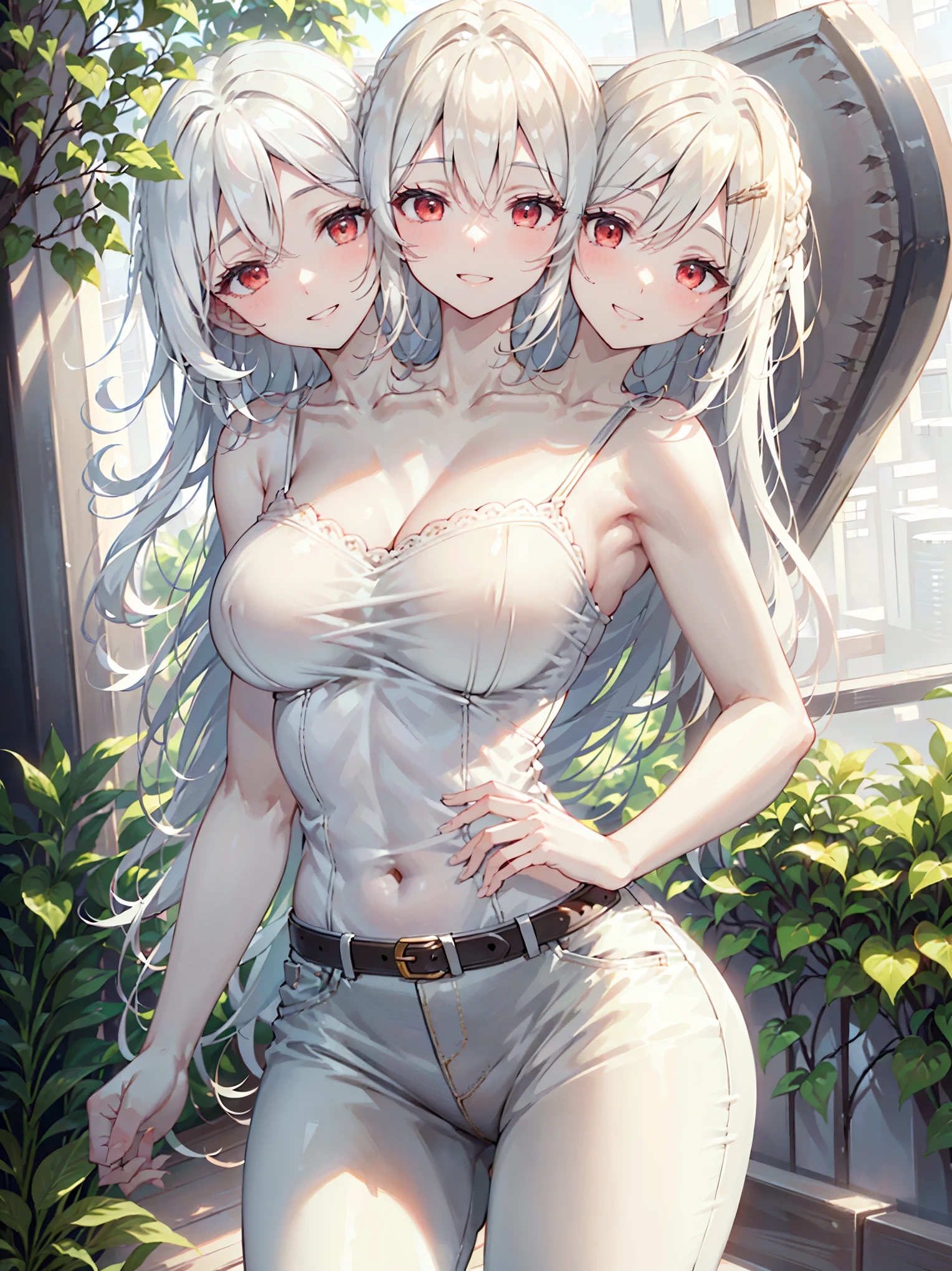 best quality, (masterpiece),(ultra-detailed), (high quality), (high resolution), ((3heads:1.5)), ((white hair color:1.5)), girl with three heads, ((vermilion eyes)), best quality:1.5, highres, UHD, 4K), smiling, ((white sleeveless top )), ((wearing dark jeans)), (mature woman), casual dress, sexy proportions, thighs, Beautiful girl with accentuated slender abs, ((farm fields)), ((same identical hair color:1.5)), gentle smile, (long hair), Kanas ((different hairstyles))