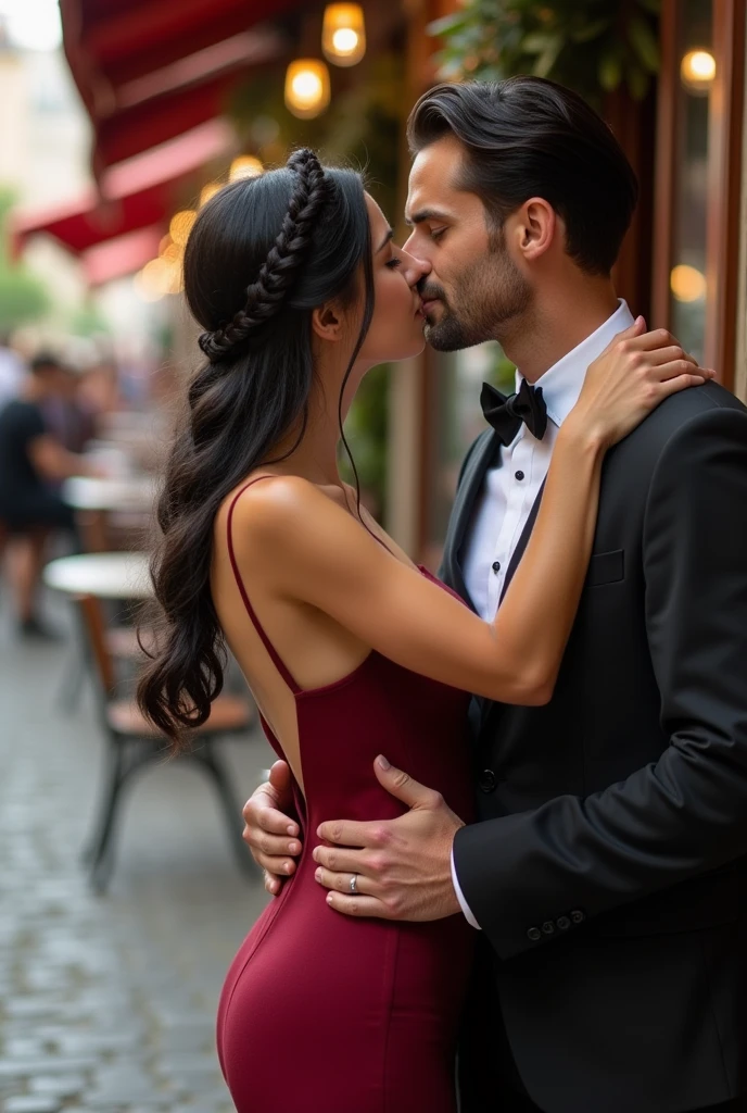 16 year old white female with big hair and big butt hugging and kissing older man with white hair and black clothes on street