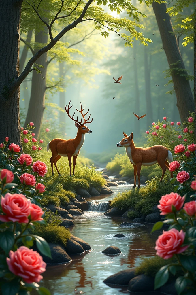 Animal wallpapers in the forest together with roses and water