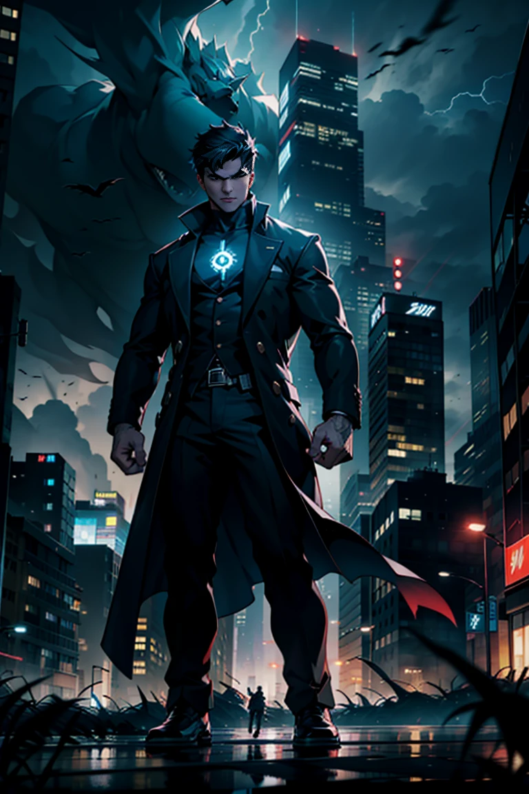 A final showdown unfolds in the heart of the city as a young detective and a powerful vigilante battle a shadowy figure with supernatural powers, the skyline lit up by a fierce storm, symbolizing the struggle between light and darkness.