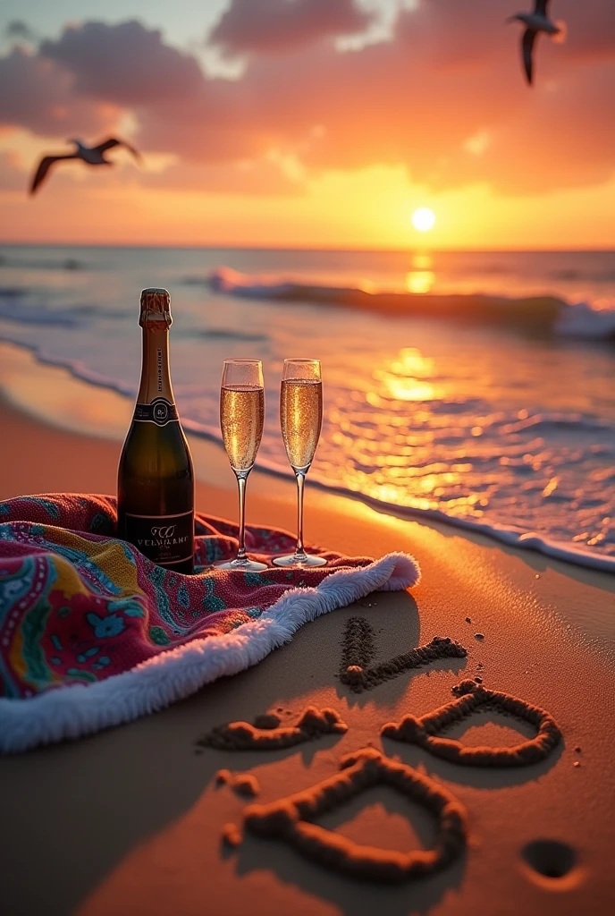 Sea sunset dusk waves seagulls on the water. 
towel bottle of champagne and 2 glasses In the sand written the initials V and D blurred written in the sand
