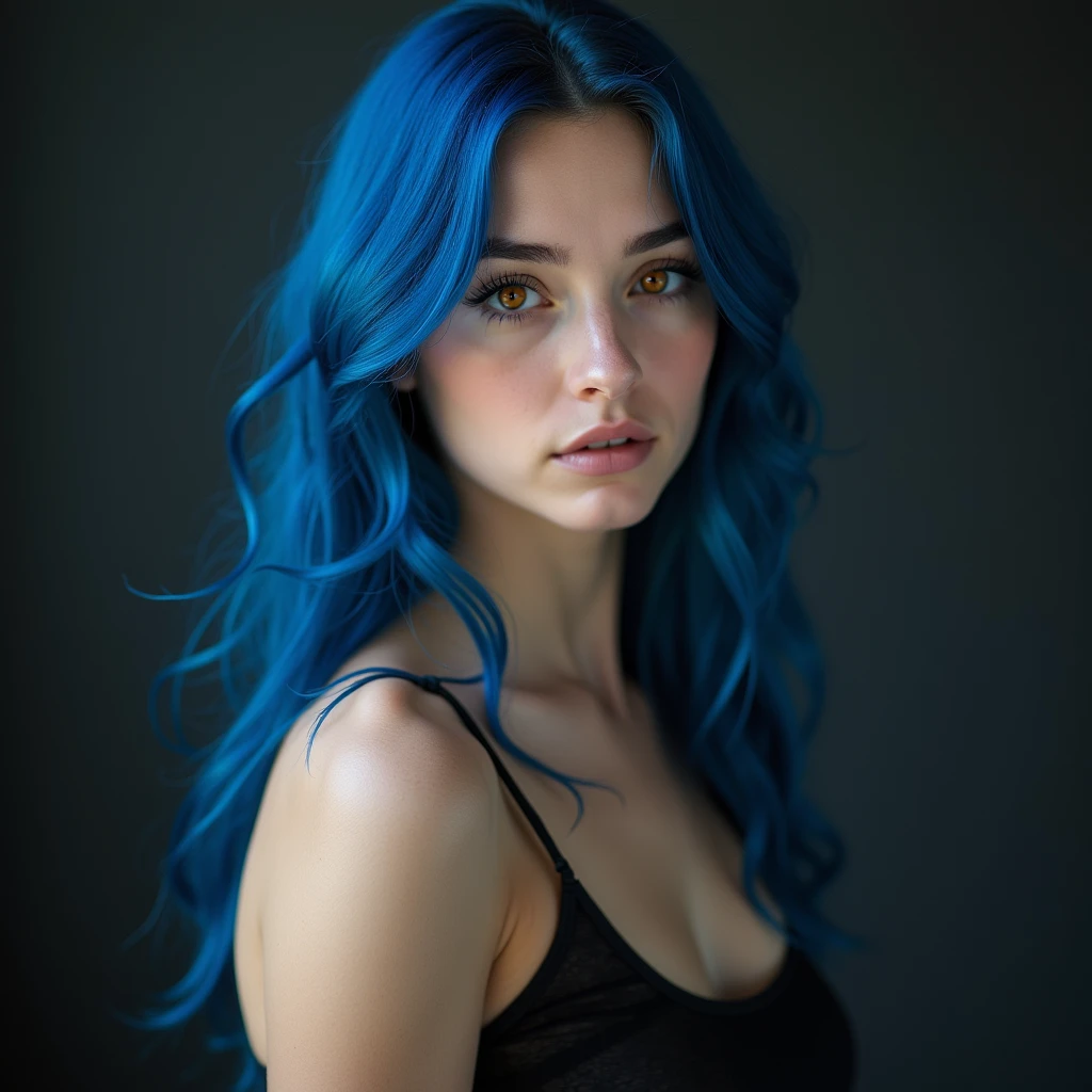 Full lenght, blue hair, narrow face, red eyes, girl, 18 years old, slim figure, almond-shaped eyes, full lips, european appearance, ultra highly intricate detailed, black eyeliner, over knee stockings, looking at the camera, professional photography, ultra sharp focus, very beautiful, naked, fullbody shot
