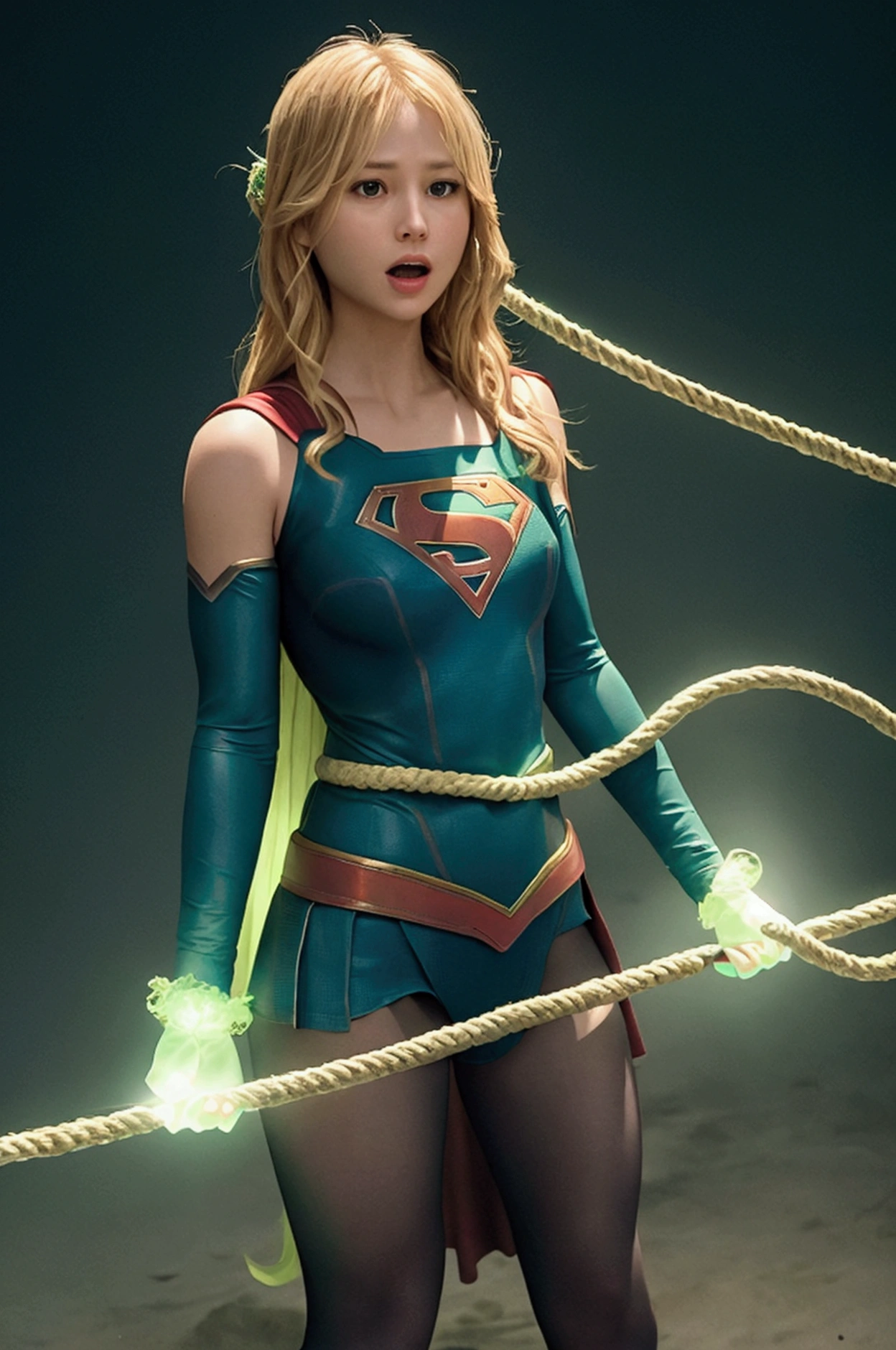 A glowing green rope wraps around Supergirl's stomach.,The rope also wraps around Supergirl's legs.,Supergirl has a pained look on her face.,Supergirl wears black tights,Supergirl is screaming.