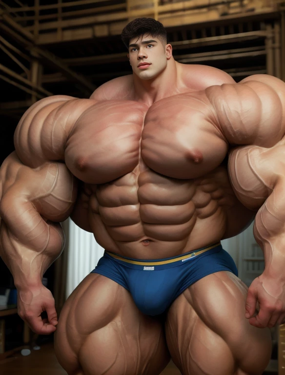 1boy, giant, asian, solo, giant bodybuilder, illuminating light, strong body, bulk, large size, standing in whiet photo studio, indoor, nude, blue triangular underwear with enormous bulge, extraordinary big, brutalmass, giant muscular body, bulk, buff, massive body, large meaty body size, extremely wide body