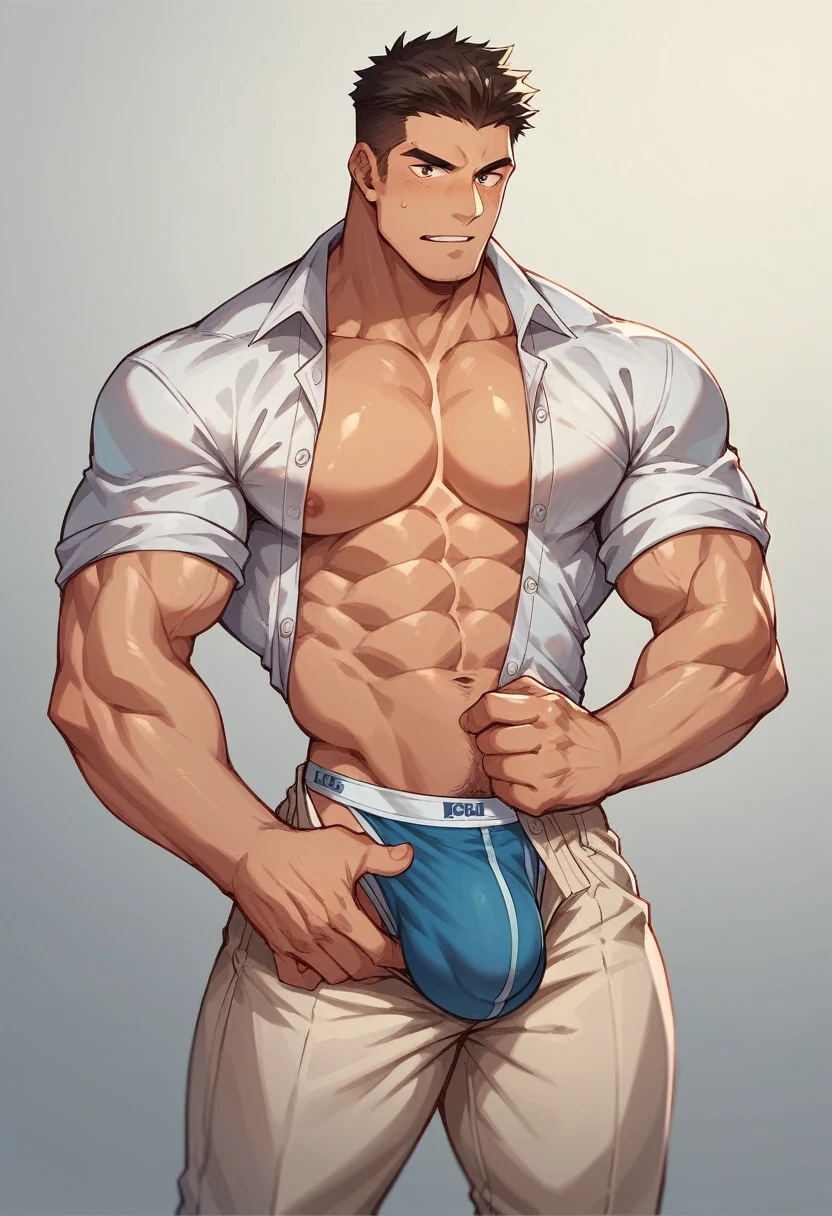 Muscular man without underwear with his pants unbuttoned with a large bulge in his underwear