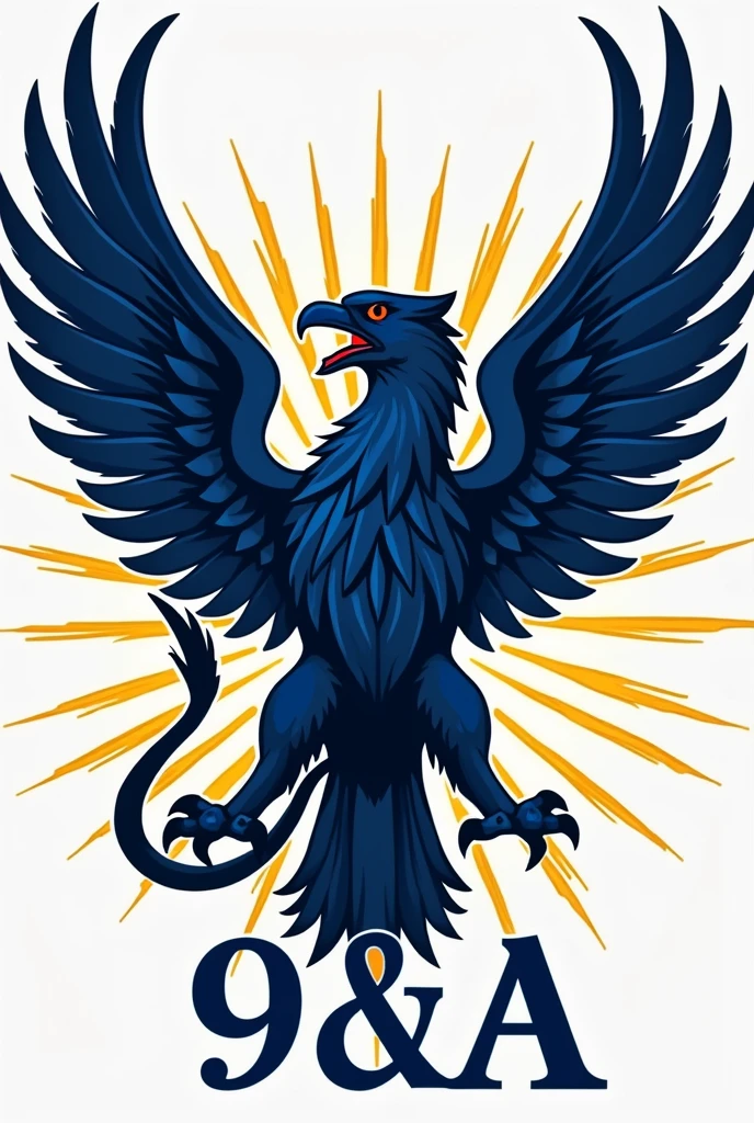 Navy blue griffin with head, beak and wings of an eagle and body of a lion flying over the name 9 A with rays around it