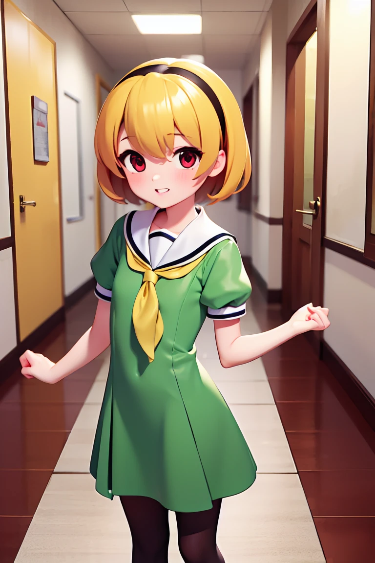 masterpiece,Highest quality,One person,Satoko Hojo,Blonde,short hair,hair band,Red eyes,tooth,Green Dress,White sailor collar,Yellow neckerchief,Short sleeve,Puff sleeves,Black Pantyhose,Flat Chest,Are standing, School corridor