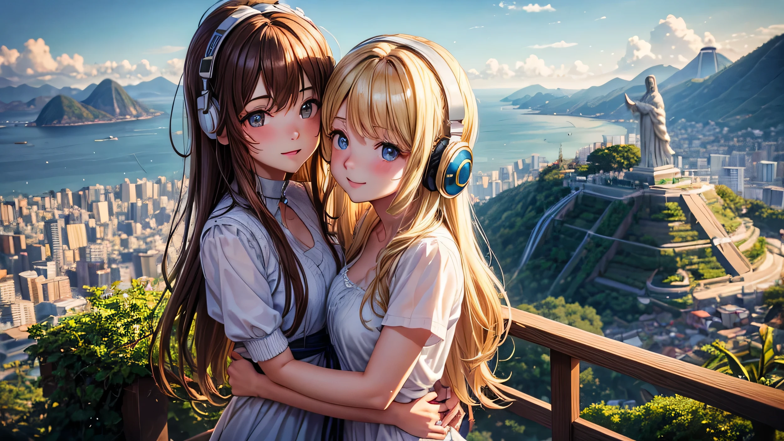 Two young women, one aged 22, with long dark blonde hair. Another . Posing for a photo next to the statue of Christ the Redeemer on a beautiful sunny afternoon in the Brazilian city of Rio de Janeiro. In the background after the statue, beautiful landscapes appear, contrasting with the favela. Their soft smiles and radiant honey eyes reflect youthful joy. Her wavy hair cascades down to her waist, shining in the natural light. Wearing casual clothes with relaxed poses, they lean on each other with their hands on their waists. Her eyes shine, lost in the middle of this beautiful city, her lips parted revealing her surprise at the landscape, personifying the innocence of her age. On his head are headphones full of lights that reflect his lofi style of being.