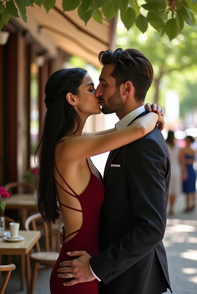 A woman black hair thats a braided wreath, a short bordeaux red dress with small carriers, outside a caffee. Realistic but not too realistic
Her dress is narrow
Next to her a man with black hair kissing her. Her arms around his neck his hand on her hip
He has no beard.