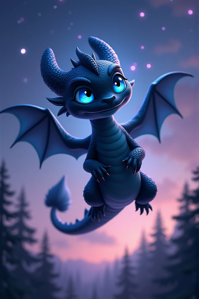 A young dragon as black as smoke with vivid blue eyes