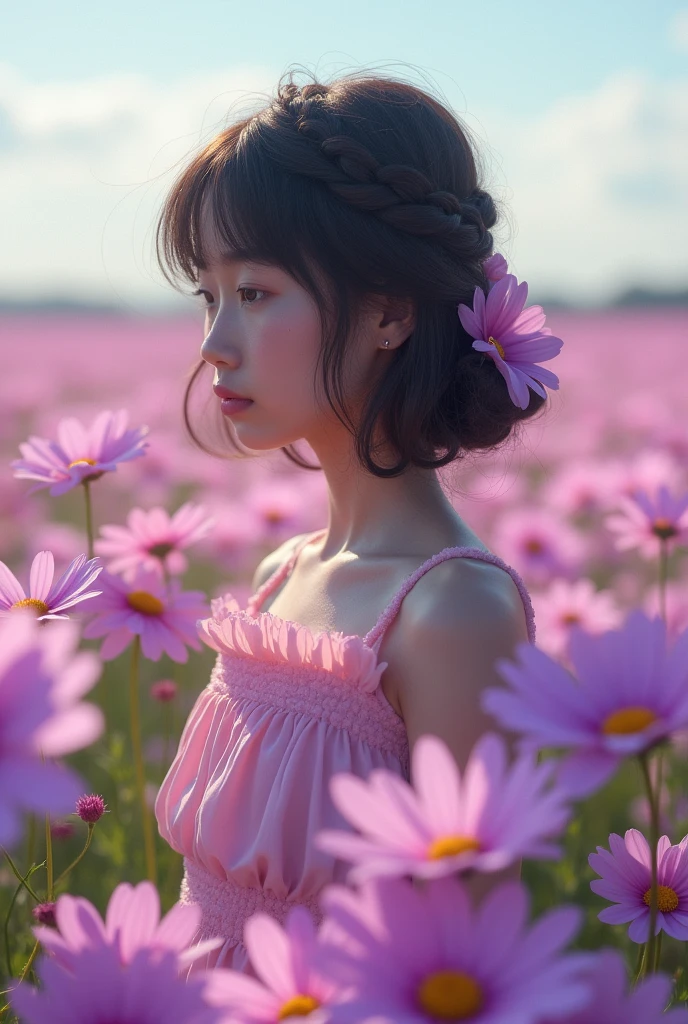 Highest quality、High resolution、Detailed Background、(Beautiful face in every detail:1.4)、Anatomically correct、Normal number of fingers、Highly detailed face、Detailed eyes、age beauty、Perfect body line、Braided bob cut、ponytail、Cute hairstyle、well-groomed eyebrows、A melancholy atmosphere、Show the whole body、(広がる紫と白のCosmos flower畑に佇むピンクのワンピースを着た少女:1.5)、Tears shine in the girl's eyes and her gentle expression is distorted.、Elegant cosmos flowers々It seems as if the girl's sadness is being gently embraced.、A quiet breeze sways the petals and gently strokes the girl's hair、Cosmos flower々It's as if the author is empathizing with the girl's sadness.、very beautiful