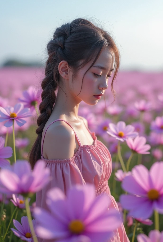 Highest quality、High resolution、Detailed Background、(Beautiful face in every detail:1.4)、Anatomically correct、Normal number of fingers、Highly detailed face、Detailed eyes、Teenage beauty、Perfect body line、Braided bob cut、ponytail、Cute hairstyle、well-groomed eyebrows、A melancholy atmosphere、Show the whole body、(広がる紫と白のCosmos flower畑に佇むピンクのワンピースを着た少女:1.5)、Tears shine in the girl's eyes and her gentle expression is distorted.、Elegant cosmos flowers々It seems as if the girl's sadness is being gently embraced.、A quiet breeze sways the petals and gently strokes the girl's hair、Cosmos flower々It's as if the author is empathizing with the girl's sadness.、very beautiful