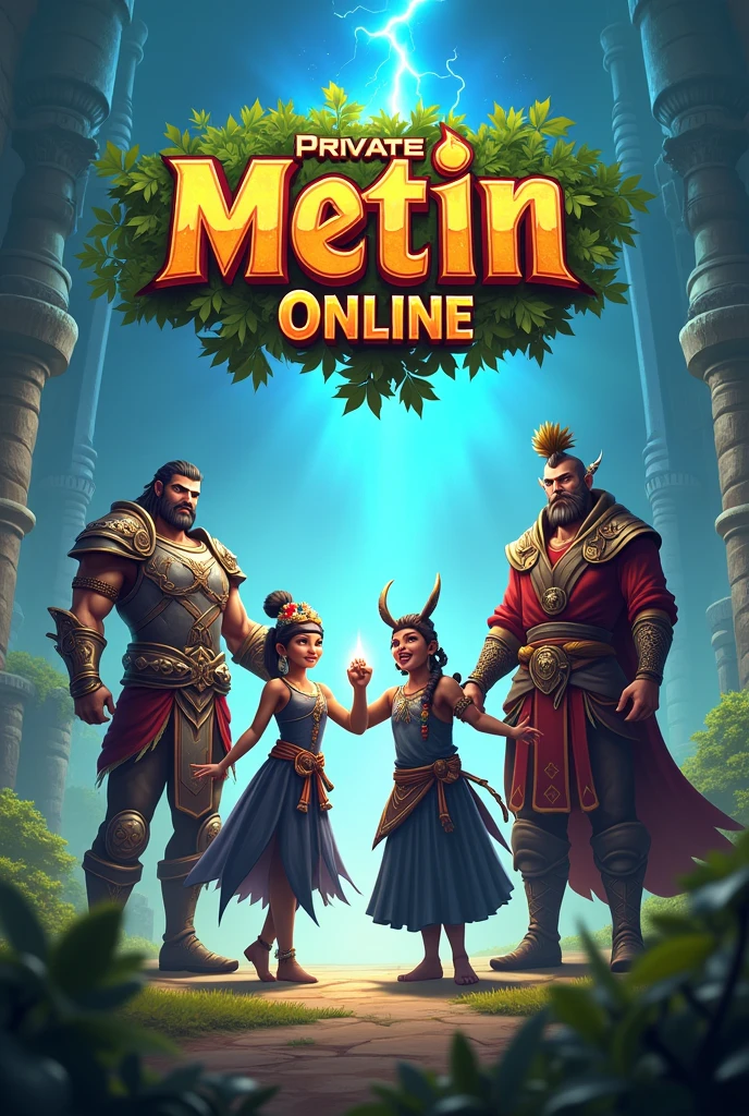 A screenshot from the game Metin2, with a warrior, a ninja, a shaman and a shura holding hands and, over their heads, Written "Private Brazil Metin Online"
