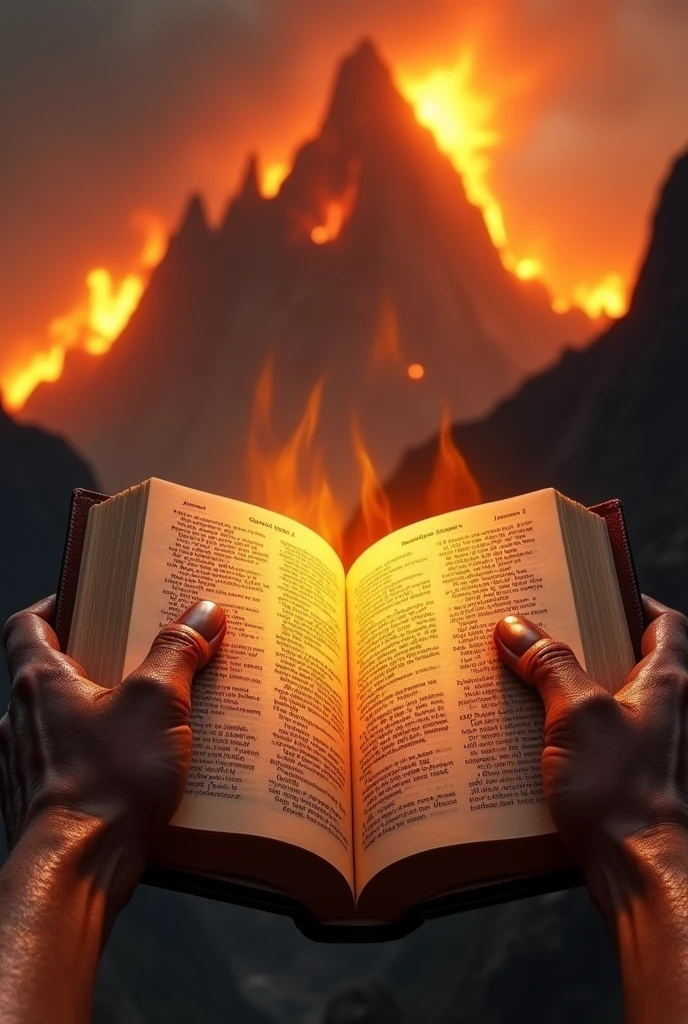 In a fiercely fire and wilderness mountain background an upfront layer of two rough hard worked sweaty palms visible of a person holding the open large bible close up to the screen where the words of bible appearing like the shining fire and power of the Lord where he is reading James chapter 1 visible on the open bible