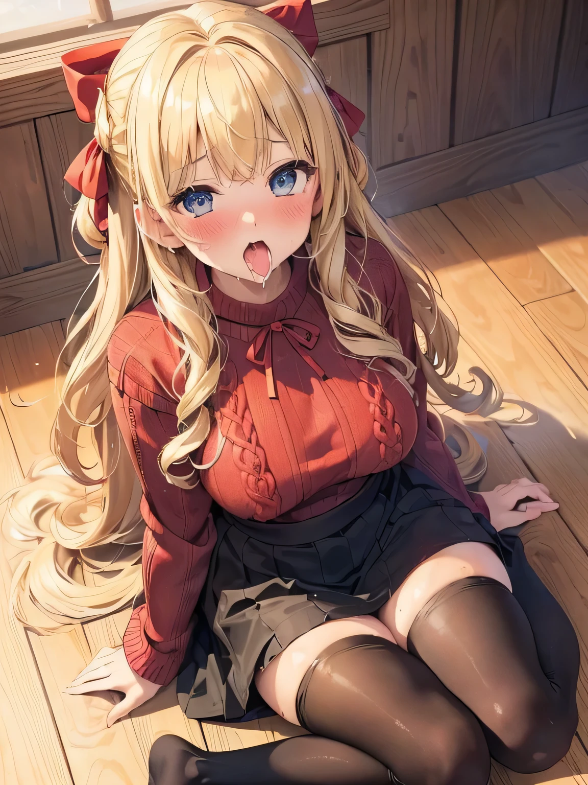 Masterpiece、Accurate Face、beautiful girl、Beautiful Eyes、((blonde、Curly hair、Red ribbon、Knitted sweater、Long skirt、black tights)),living、(Sitting on the floor)、Shot from above、Looking up at the viewer from below、(Bathe the whole body with milk,Milk on the thighs),(Embarrassed、blush),(Open your mouth wide)、Sweat