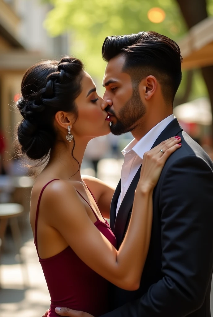 A woman black hair thats a braided wreath, a short bordeaux red dress with small carriers, outside a caffee. Realistic but not too realistic
Her dress is narrow
Next to her a man with black hair and He has no beard.  kissing her. Her arms around his neck his hand on her hip
