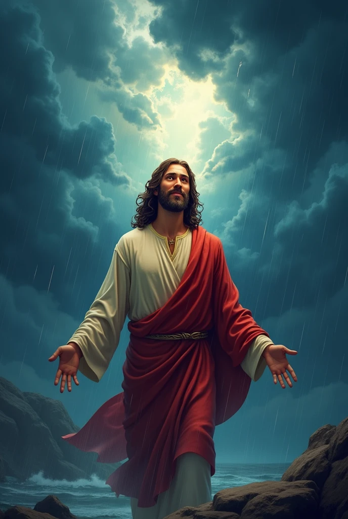 "Create a detailed and high-quality illustration scene describing the prompt entirely in Disney Pixar style 3D cartoon illustration ( "A stormy sky with dark clouds and echoing thunder, where jesus in the center )