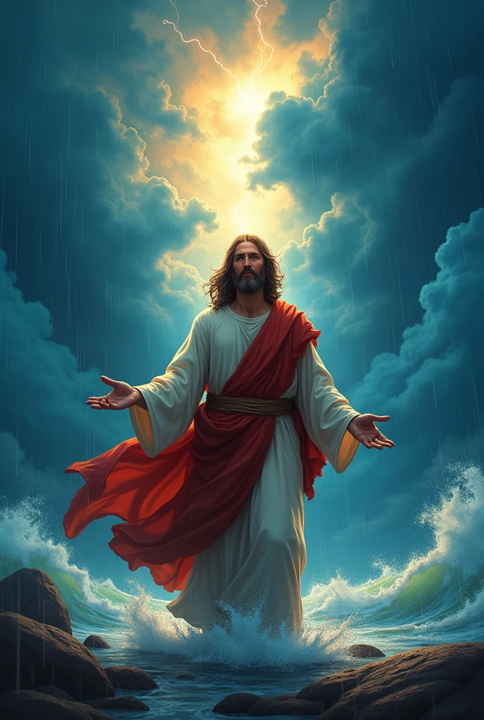 "Create a detailed and high-quality illustration scene describing the prompt entirely in Disney Pixar style 3D cartoon illustration ( "A stormy sky with dark clouds and echoing thunder, where jesus in the center )