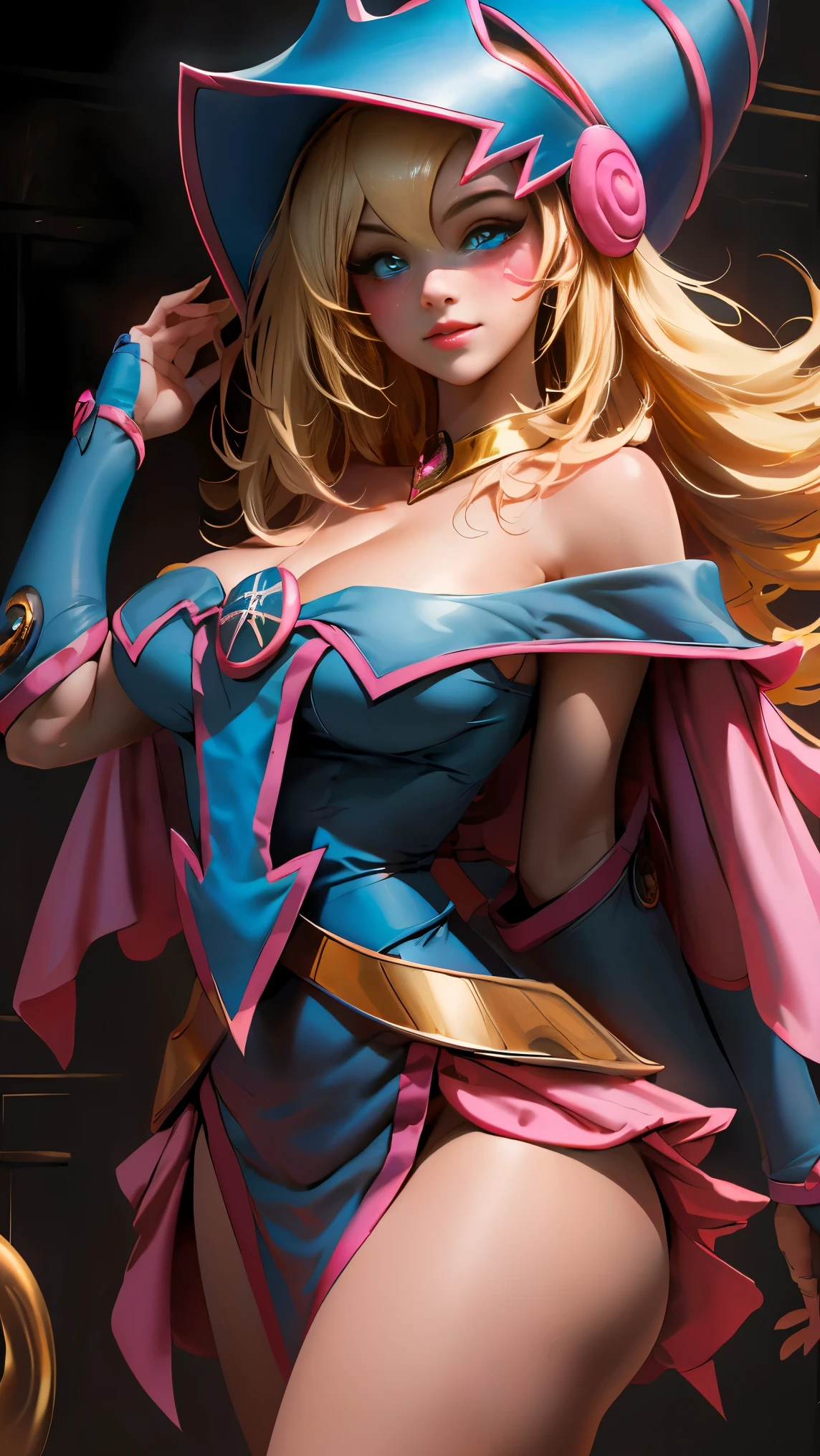 beautiful face dark Magician girls，blond hair. blue eyes.  pink lips. blush on the cheek, Glass eyes, brio in the eyes, Thick and long eyelashes. big breasts.  pose sensual 