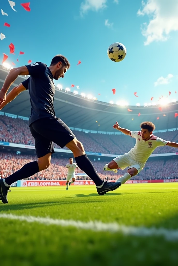 A soccer player in a black jersey kicks a football and scores a goal. In front, a goalkeeper in a white jersey defends the goal. In the background, a crowd of spectators cheers with a banner.