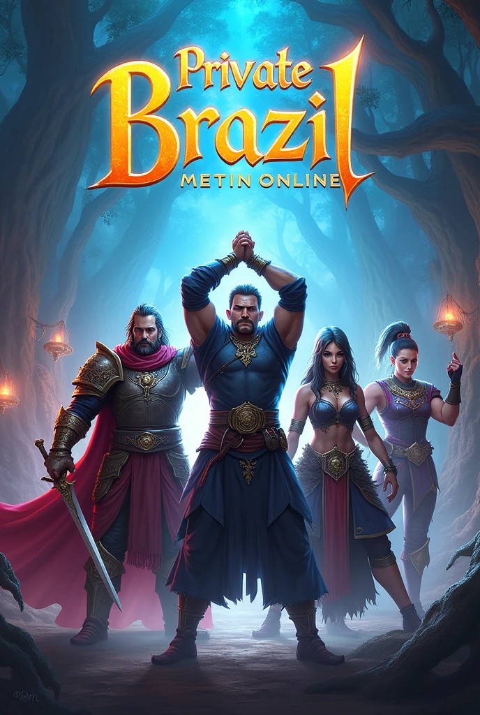 A screenshot from the game Metin2, with a warrior, a ninja, a shaman and a shura holding hands and, over their heads, Written "Private Brazil Metin Online"