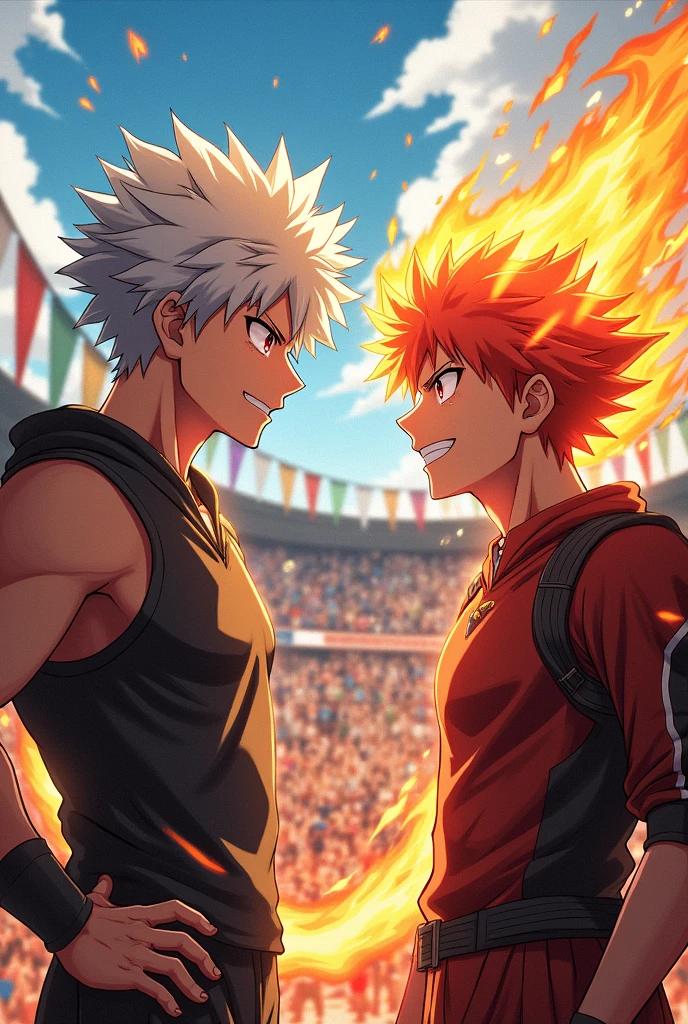 A my hero academia type character with short white hair and red eyes, besandose with bakugo katsuki