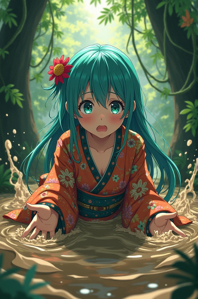 Make an anime woman trapped in quicksand