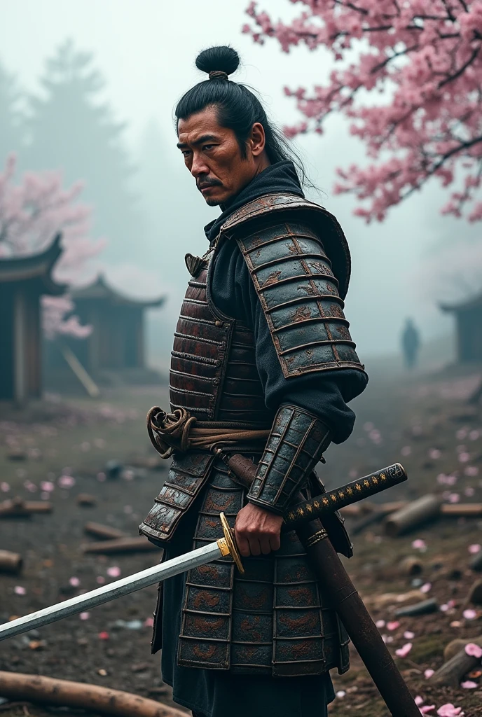 A Japanese samurai with a sword in his hand , Old war background