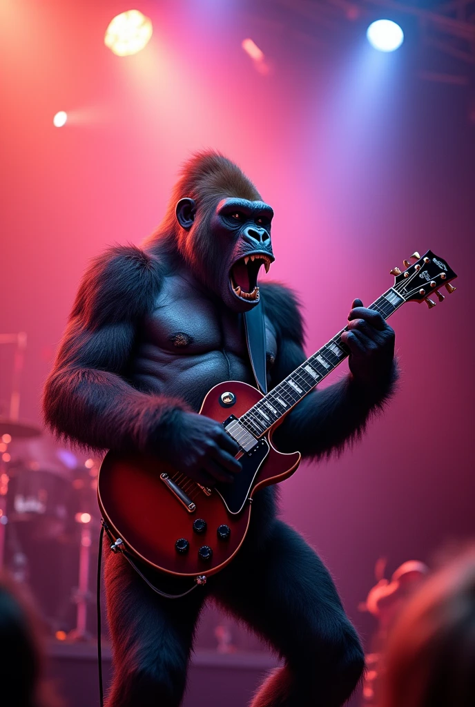 a rockstar gorilla playing guitar, highly detailed, illustration, ultra-detailed, 8k, (best quality,4k,8k,highres,masterpiece:1.2),ultra-detailed,(realistic,photorealistic,photo-realistic:1.37),vibrant colors,dramatic lighting,cinematic angle,dynamic pose,intricate fur details,expressive eyes,detailed facial features,skilled musician,shredding electric guitar,stage performance,smoke effects,concert venue,crowd in background