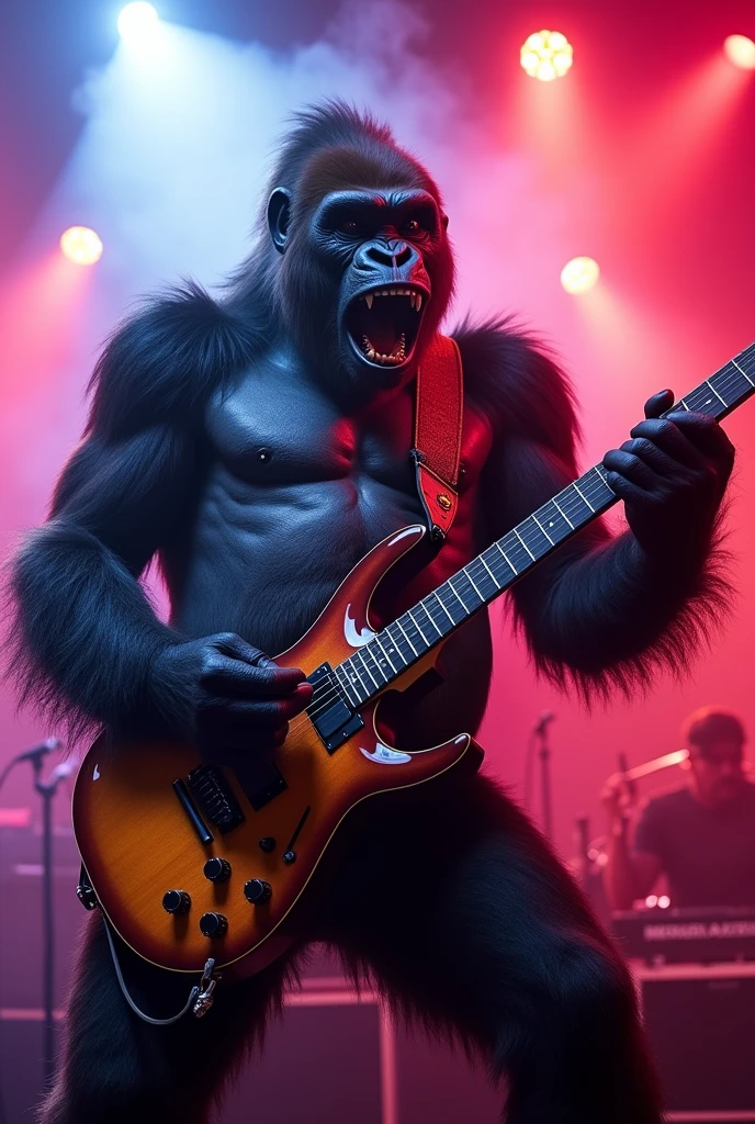 a rockstar gorilla playing guitar, highly detailed, illustration, ultra-detailed, 8k, (best quality,4k,8k,highres,masterpiece:1.2),ultra-detailed,(realistic,photorealistic,photo-realistic:1.37),vibrant colors,dramatic lighting,cinematic angle,dynamic pose,intricate fur details,expressive eyes,detailed facial features,skilled musician,shredding electric guitar,stage performance,smoke effects,concert venue,crowd in background