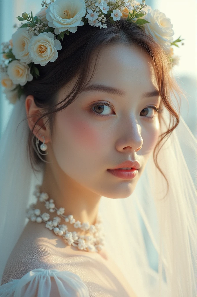 (masterpiece),((ultra-detailed)), (highly detailed CG illustration),(expressionless), (best quality:1.2),realistic8K UHD,High definition,(1girl:1.2),High quality texture,intricate details,detailed texture,finely detailed,high detail,extremely detailed cg,High quality shadow,a realistic representation of the face,Detailed beautiful delicate face,Detailed beautiful delicate eyes, brown eye pupil, a face of perfect proportion,Depth of field,Cinematic Light,Lens Flare,Ray tracing,perspective,20s, Prominent Nose,slender face,tall girl, (big eyes:1.2),blush,glossy lips,perfect body,lean body,Particles of Light,(narrow waist:1.3),large breast, distinct_image, high_resolution, (lustrous skin), solo focus, (brown hair), (finely detailed beautiful eyes and detailed face),(detailed face), (hair streaked hair), light source contrast, long hair, ((smile)), (pureerosface_v1:0.5) , (ulzzang-6500-v1.1:0.5),  ((((white wedding dress, bare shoulders)))), hall way, high heel shoes