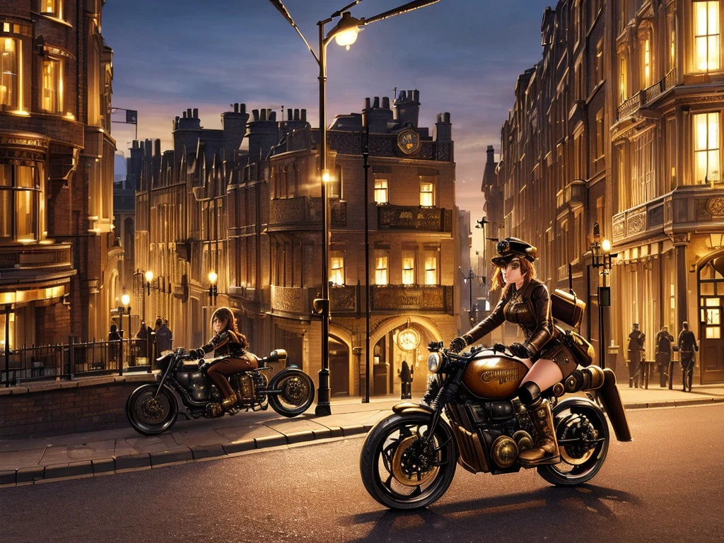 (((1 steampunk girl on steampunk motorcycle, detailed face, steampunk outfit, goggles, gears, chasing a steampunk vehicle, set in 1800, London street, victorian architecture, cobblestone road, steam pipes))), glowing neon lights, cinematic lighting, dramatic angles, intricate details, dynamic motion blur, (best quality,8k,highres,masterpiece:1.2),ultra-detailed,(realistic,photorealistic,photo-realistic:1.37),cinematic,highly detailed,dramatic lighting