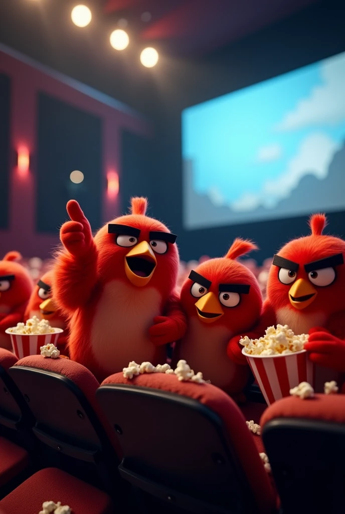Red angry birds eating popcorn making thumbs up sign in a movie theater