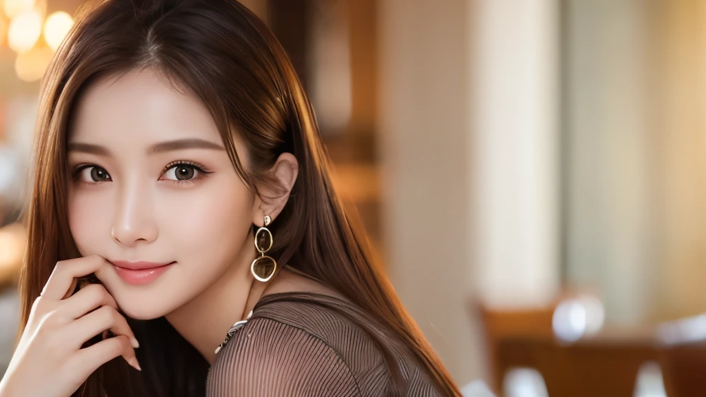 Highest quality、High resolution、8k wallpaper、Dense and beautiful eye-glue hair、(Beautiful breasts:1.3)、Natural color lip、25-year-old woman、Brown Hair、smile、Semi-long hair、Hair tied up、Wearing a necklace and earrings、Restaurant、bill、Taking cash out of a wallet、Wearing cute clothes