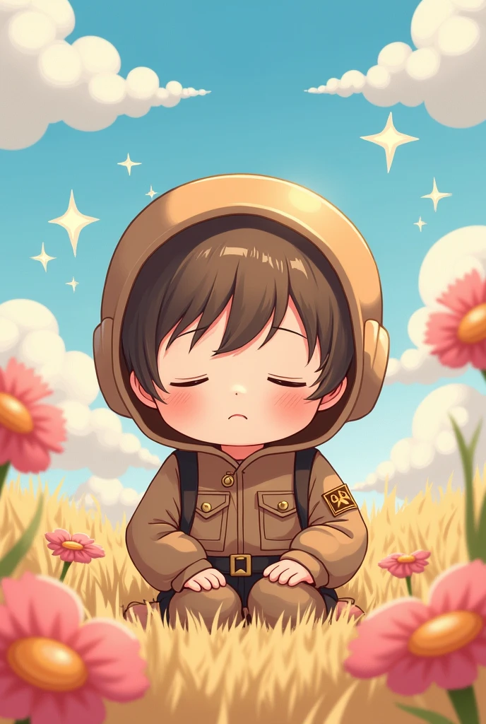 Brown combat uniform　Child　cute　　anime　I don't wear a hat　Are sleeping