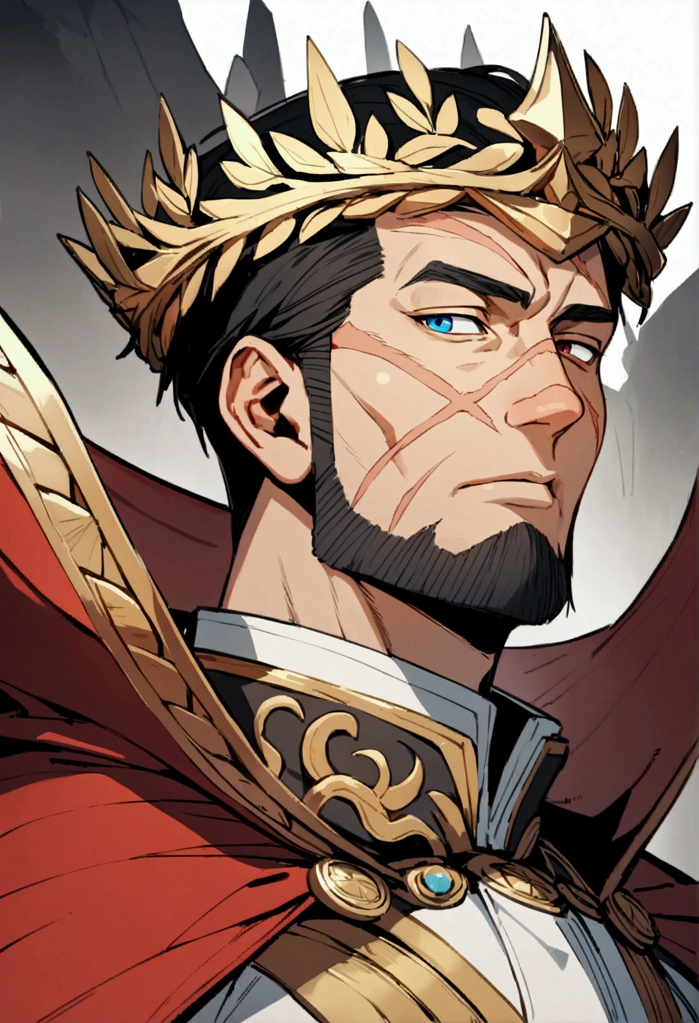 25 year old man, muscular, with a claw scar on the left side of his face, brown left eye, blue right eye, heterochromia, trapezoidal head, Aquiline nose, sunken chin, short beard, short hair castaño con degradación blanco en las puntas, short hair, wide shoulders, well-built, dressed as emperor, golden laurel wreath crown, red cape, tanned skin, standing, White background, High resolution,sharp focus,(ultra detailed,extremely detailed), (Best Quality)