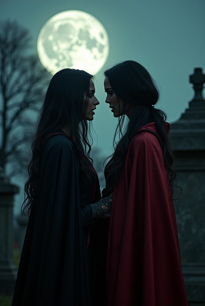 vampire teeth , ((((nighttime))) , 2girls,looking at each other in the eye, long hair , RAW photo, high quality, film grain,simple background, presenting, beautiful, (black and red lined satin cloak tied at the neck:1.20) , biting necks , breasts,big ass, clothes lift,bottomless, moonlit graveyard , (2girls,yuri),