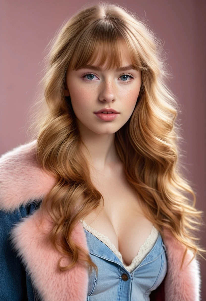 A young lady rs, with long strawberry blonde hair, wavy hair. She is wearing a pink fur coat, cleavage, with blue jeans. She is wearing a hair pin. Looking directly into the camera. She has tan skin, freckles, and braces, constricted pupils, parted lips, large breasts, perfect lips, perfect nose, cute face, Hyperrealism, cinematic lighting, jpeg artifacts, bust chart, full body view, bokeh, textured skin, UHD, best quality, masterpiece, high details