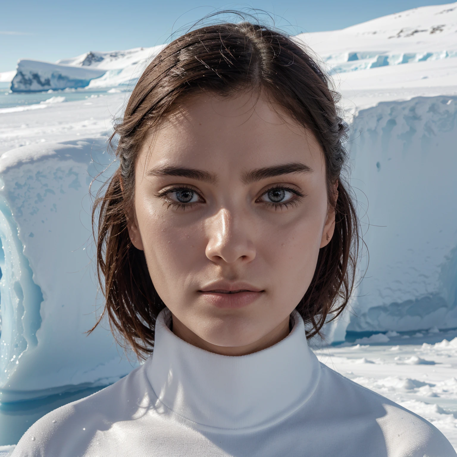 Photography, on the icy expanse of Antarctica, high-resolution, realistic photo style, capturing the harsh, frigid environment, bright daylight reflecting off the snow, detailed background with distant icebergs and a clear blue sky, wide angle, showcasing the vastness and isolation of the setting, photorealistic. Keep the person's face, don't generate a new face. Keep the same face
