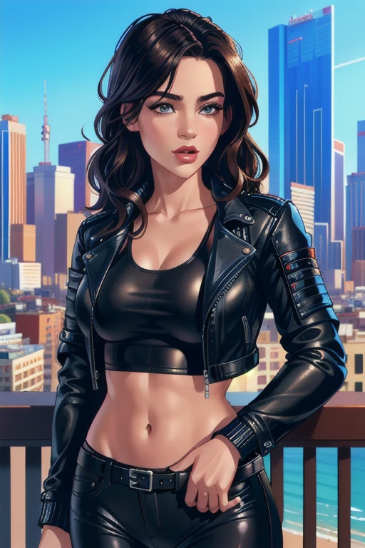 a girl with wavy hair, with light brown eyes and a pretty cool face of a Kazakh VIP, in the style of a manhwa, 2d. in a top that half covers the breasts and panties with heels and a dark place