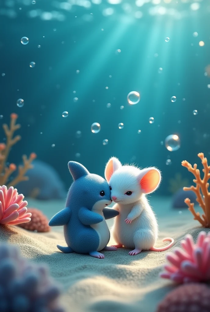 A little mouse who is the girlfriend of a little shark With realistic texture and the little mouse being white