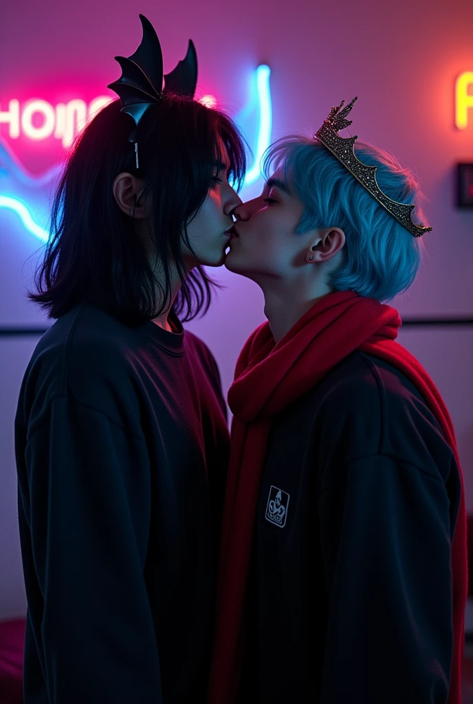 Create an anime image of two 19 year old boys,one is called Bat he wears a black sweatshirt,her hair is black with two bat wings,the other one is called Sdepy he wears a black sweatshirt with a red scarf,her hair is cyan and she wears a crown and is on her lap,the two are kissing, saliva coming out,they are in a dark room