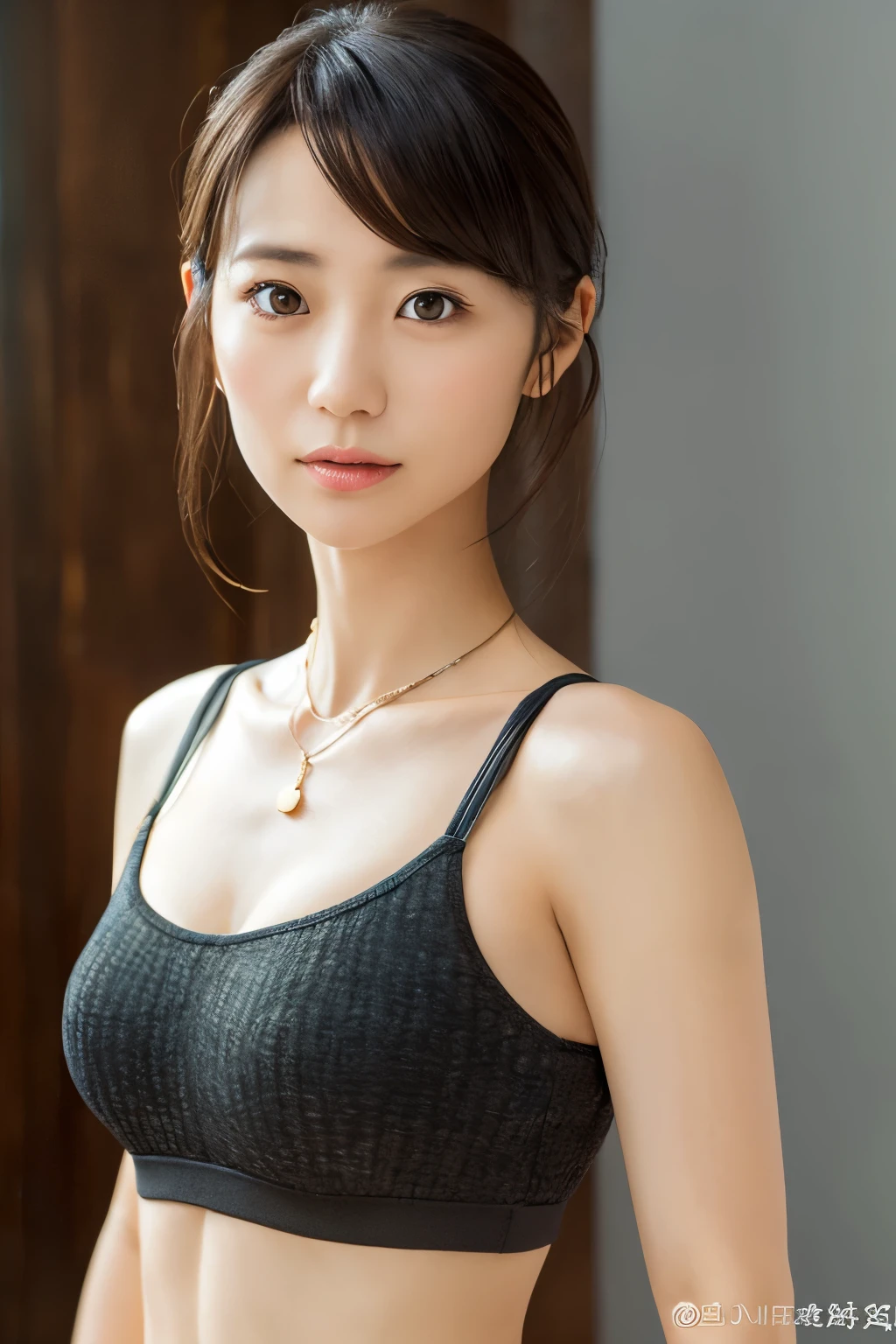 Skinny Japanese woman, Dressed, small head, cute face, detailed face, detailed eyes, (photographrealistic:1.4), (Hyper realistic:1.4), (Realistic:1.3), (Smoother lighting:1.05), (increase cinematic lighting quality:0.9), 32K, 1girl in, 30-years old, Realistic lighting, Backlighting, Light on Face, raytrace, (Brightening light:1.2), (Increase quality:1.4), (Top quality real texture skins:1.4), Black underwear, a necklace, Very thin waist, slender legs, (Increase body line mood:1.1), (Increase the beauty of skin texture:1.1)