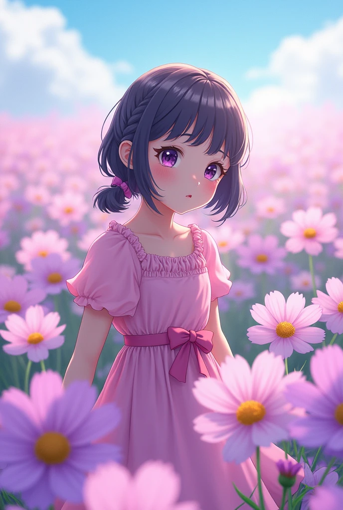 Highest quality、High resolution、Detailed Background、(Beautiful face in every detail:1.4)、Anatomically correct、Normal number of fingers、Highly detailed face、Detailed eyes、10-year-old anime girls、Perfect body line、Braided bob cut、ponytail、Cute hairstyle、well-groomed eyebrows、A melancholy atmosphere、Show the whole body、(広がる紫と白のCosmos flower畑に佇むピンクのワンピースを着た少女:1.5)、Tears shine in the girl&#39;s eyes and her gentle expression is distorted.、Elegant cosmos flowers々It seems as if the girl&#39;s sadness is being gently embraced.、A quiet breeze sways the petals and gently strokes the girl&#39;s hair、Cosmos flower々It&#39;s as if the author is empathizing with the girl&#39;s sadness.、very beautiful