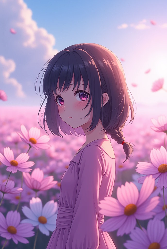 Highest quality、High resolution、Detailed Background、(Beautiful face in every detail:1.4)、Anatomically correct、Normal number of fingers、Highly detailed face、Detailed eyes、-yeld an girls、Perfect body line、Braided bob cut、ponytail、Cute hairstyle、well-groomed eyebrows、A melancholy atmosphere、Show the whole body、(広がる紫と白のCosmos flower畑に佇むピンクのワンピースを着た少女:1.5)、Tears shine in the girl's eyes and her gentle expression is distorted.、Elegant cosmos flowers々It seems as if the girl's sadness is being gently embraced.、A quiet breeze sways the petals and gently strokes the girl's hair、Cosmos flower々It's as if the author is empathizing with the girl's sadness.、very beautiful