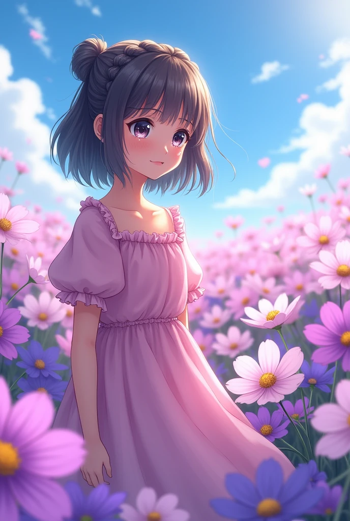 Highest quality、High resolution、Detailed Background、(Beautiful face in every detail:1.4)、Anatomically correct、Normal number of fingers、Highly detailed face、Detailed eyes、10-year-old anime girls、Perfect body line、Braided bob cut、ponytail、Cute hairstyle、well-groomed eyebrows、A melancholy atmosphere、Show the whole body、(広がる紫と白のCosmos flower畑に佇むピンクのワンピースを着た少女:1.5)、Tears shine in the girl's eyes and her gentle expression is distorted.、Elegant cosmos flowers々It seems as if the girl's sadness is being gently embraced.、A quiet breeze sways the petals and gently strokes the girl's hair、Cosmos flower々It's as if the author is empathizing with the girl's sadness.、very beautiful