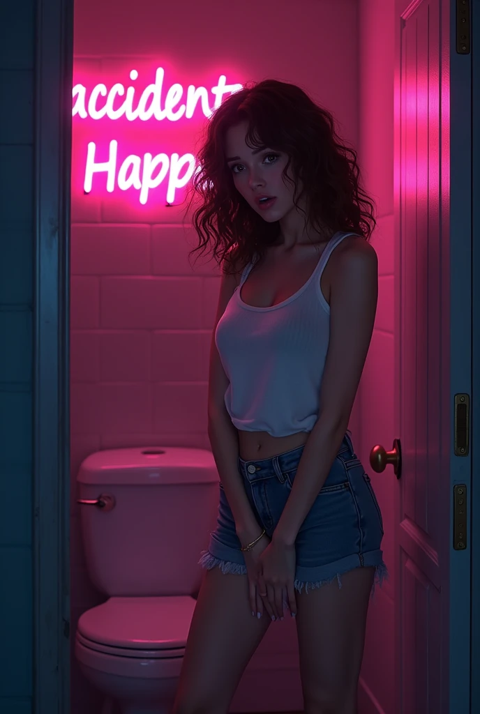 (have to pee, desperate gasp, shocked expression, holding her crotch, full bladder, stressed, blush, brow sweat), Brown hair . beautiful woman with curly hair, worried face, dark room neon cyberpunk at night coordinator neon glow,In the room the sign glows and shimmers in neon light"accidents happen to the best of us"Anime style,Beautiful colors,Living picture,masterpiece,detailing